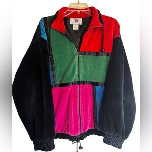 Oleg Cassini Vintage 80s Black and Red Velvet Velour Colorblock Tennis Jacket